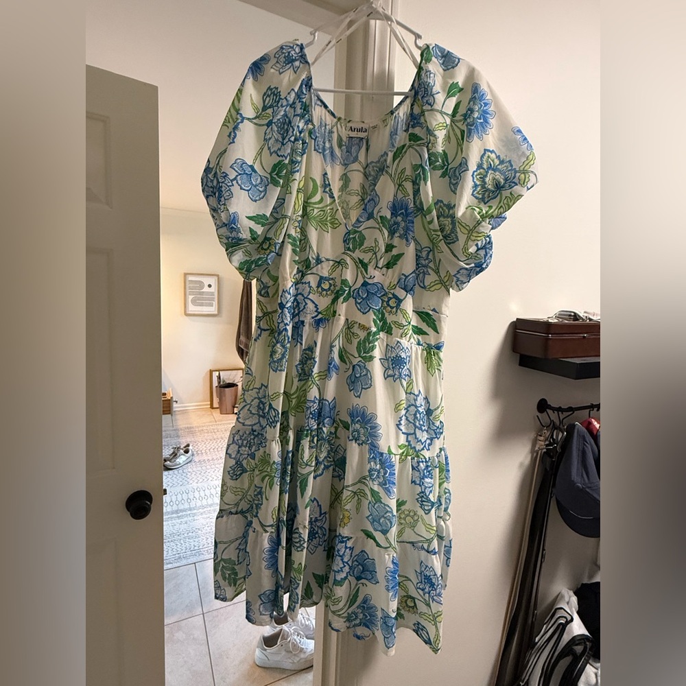 ARULA Blue & Green Floral Tiered Midi Dress